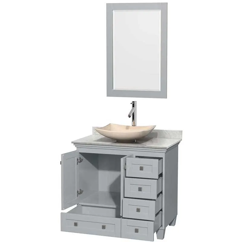 Acclaim 36" Single Bathroom Vanity in Oyster Gray, White Carrera Marble Countertop, Arista Ivory Marble Sink and 24" Mirror