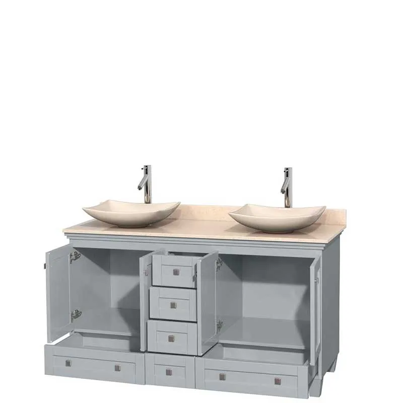 Acclaim 60" Double Bathroom Vanity in Oyster Gray, Ivory Marble Countertop, Arista Ivory Marble Sinks and No Mirrors