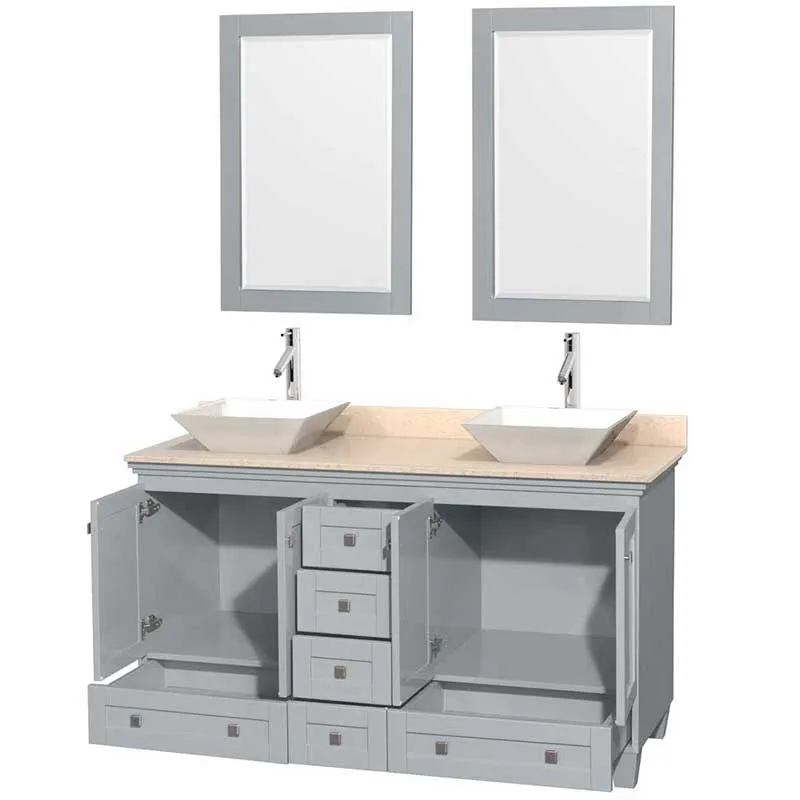 Acclaim 60" Double Bathroom Vanity in Oyster Gray, Ivory Marble Countertop, Pyra White Porcelain Sinks and 24" Mirrors