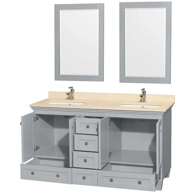 Acclaim 60" Double Bathroom Vanity in Oyster Gray, Ivory Marble Countertop, Undermount Square Sinks and 24" Mirrors
