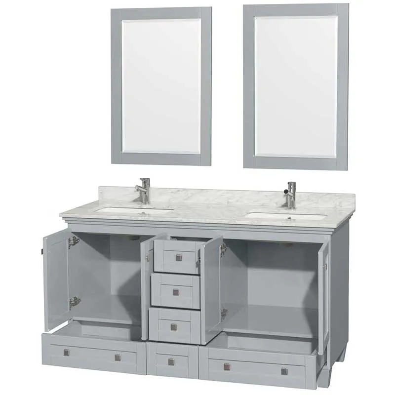 Acclaim 60" Double Bathroom Vanity in Oyster Gray, White Carrera Marble Countertop, Undermount Square Sinks and 24" Mirrors