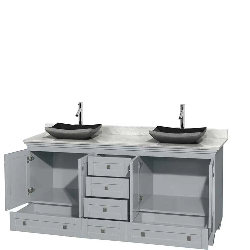 Acclaim 72" Double Bathroom Vanity in Oyster Gray, White Carrera Marble Countertop, Altair Black Granite Sinks and No Mirrors