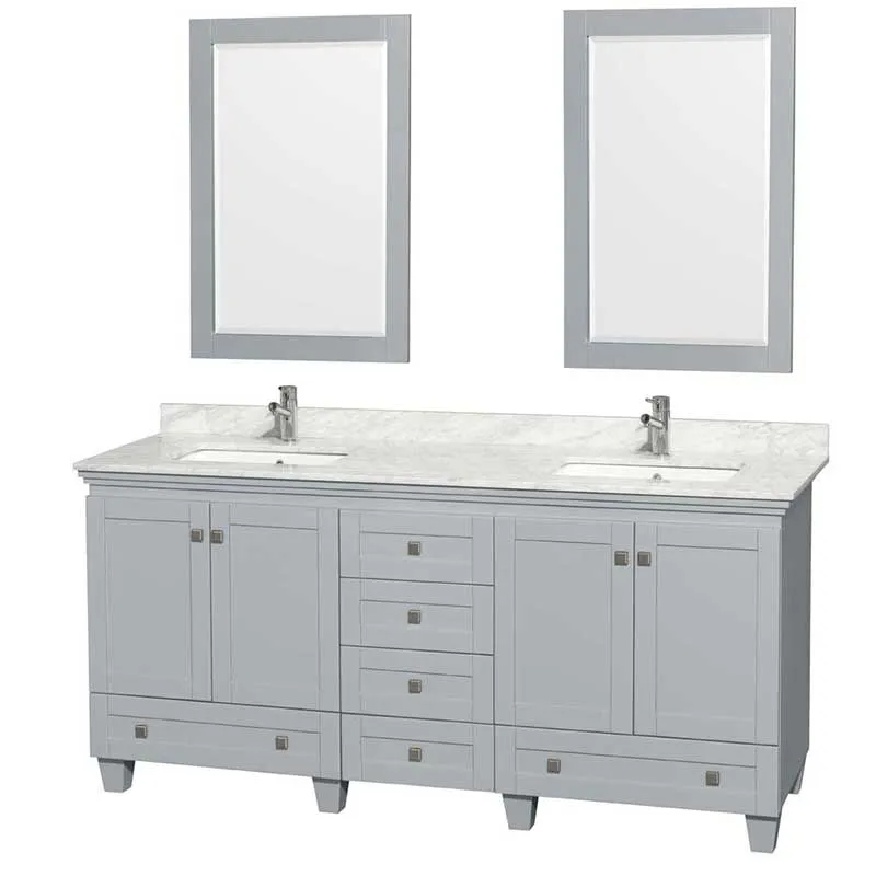 Acclaim 72" Double Bathroom Vanity in Oyster Gray, White Carrera Marble Countertop, Undermount Square Sinks and 24" Mirrors