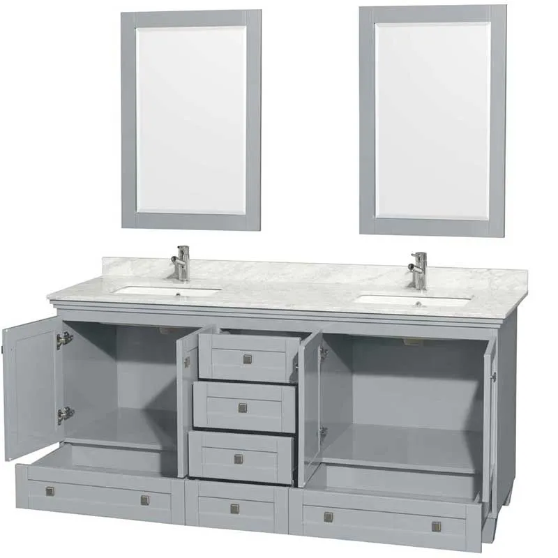 Acclaim 72" Double Bathroom Vanity in Oyster Gray, White Carrera Marble Countertop, Undermount Square Sinks and 24" Mirrors