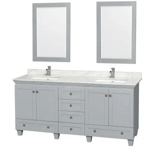 Acclaim 72" Double Bathroom Vanity in Oyster Gray, White Carrera Marble Countertop, Undermount Square Sinks and 24" Mirrors