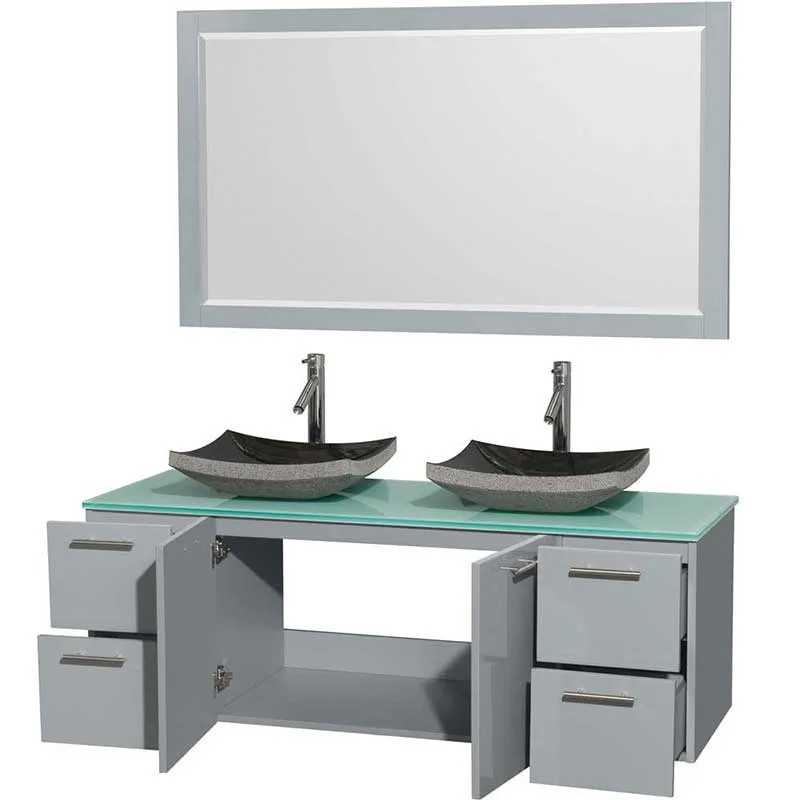 Amare 60" Double Bathroom Vanity in Dove Gray, Green Glass Countertop, Altair Black Granite Sinks and 58" Mirror