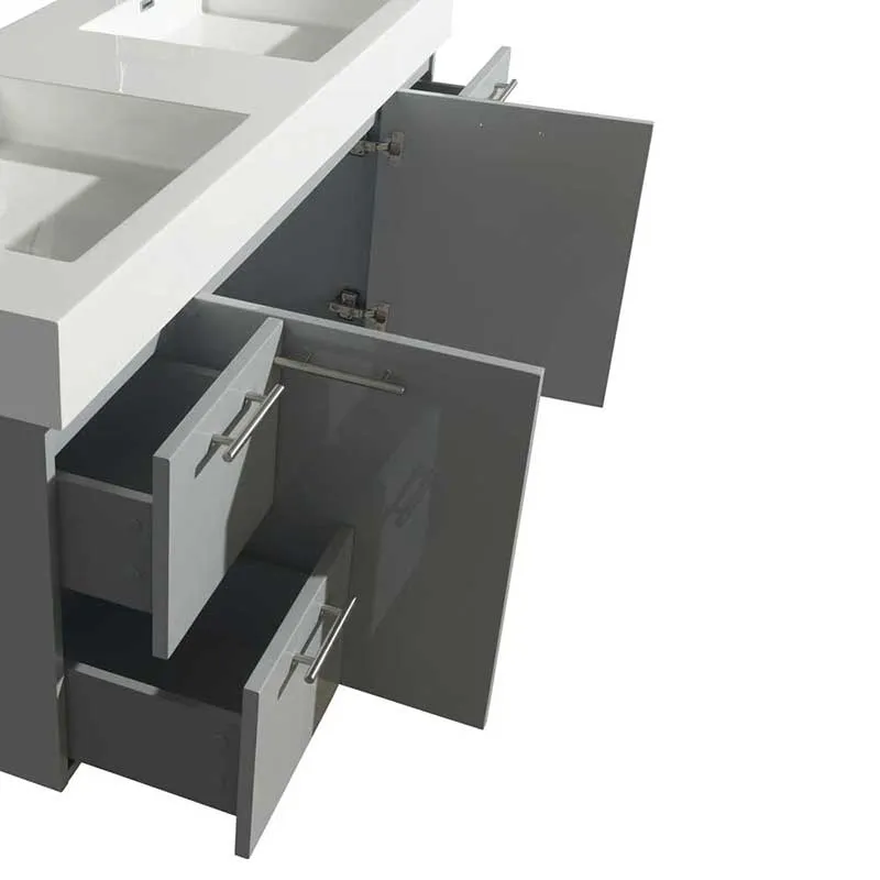 Amare 60" Double Bathroom Vanity in Dove Gray, Green Glass Countertop, Altair Black Granite Sinks and 58" Mirror