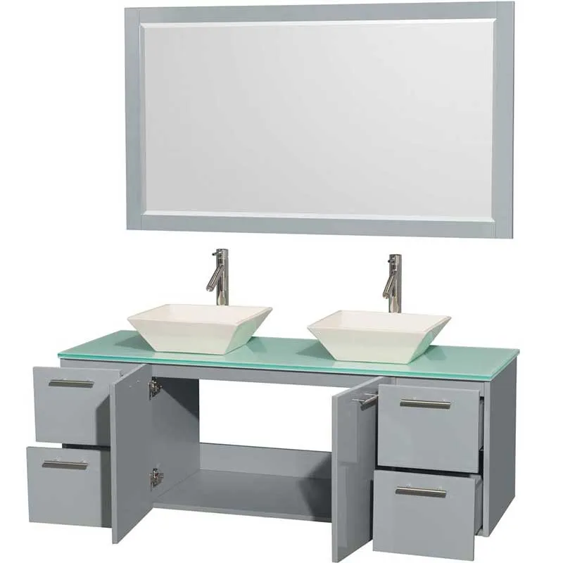 Amare 60" Double Bathroom Vanity in Dove Gray, Green Glass Countertop, Pyra Bone Porcelain Sinks and 58" Mirror