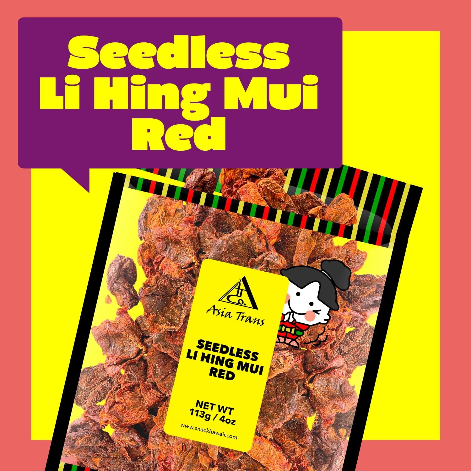 Asia Trans Seeded Red Li Hing Mui Crack Seed Plums - Hawaiian Favorite - Sweet, Sour, & Salty Dried Asian Plum