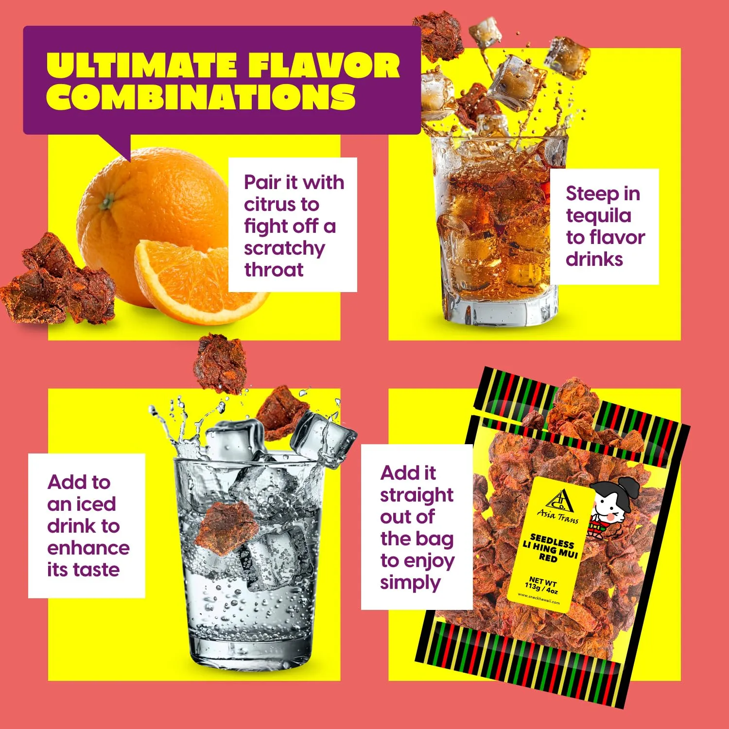 Asia Trans Seeded Red Li Hing Mui Crack Seed Plums - Hawaiian Favorite - Sweet, Sour, & Salty Dried Asian Plum