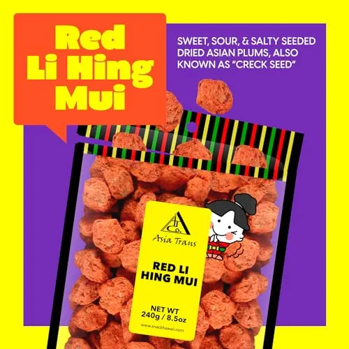 Asia Trans Seeded Red Li Hing Mui Crack Seed Plums - Hawaiian Favorite - Sweet, Sour, & Salty Dried Asian Plum
