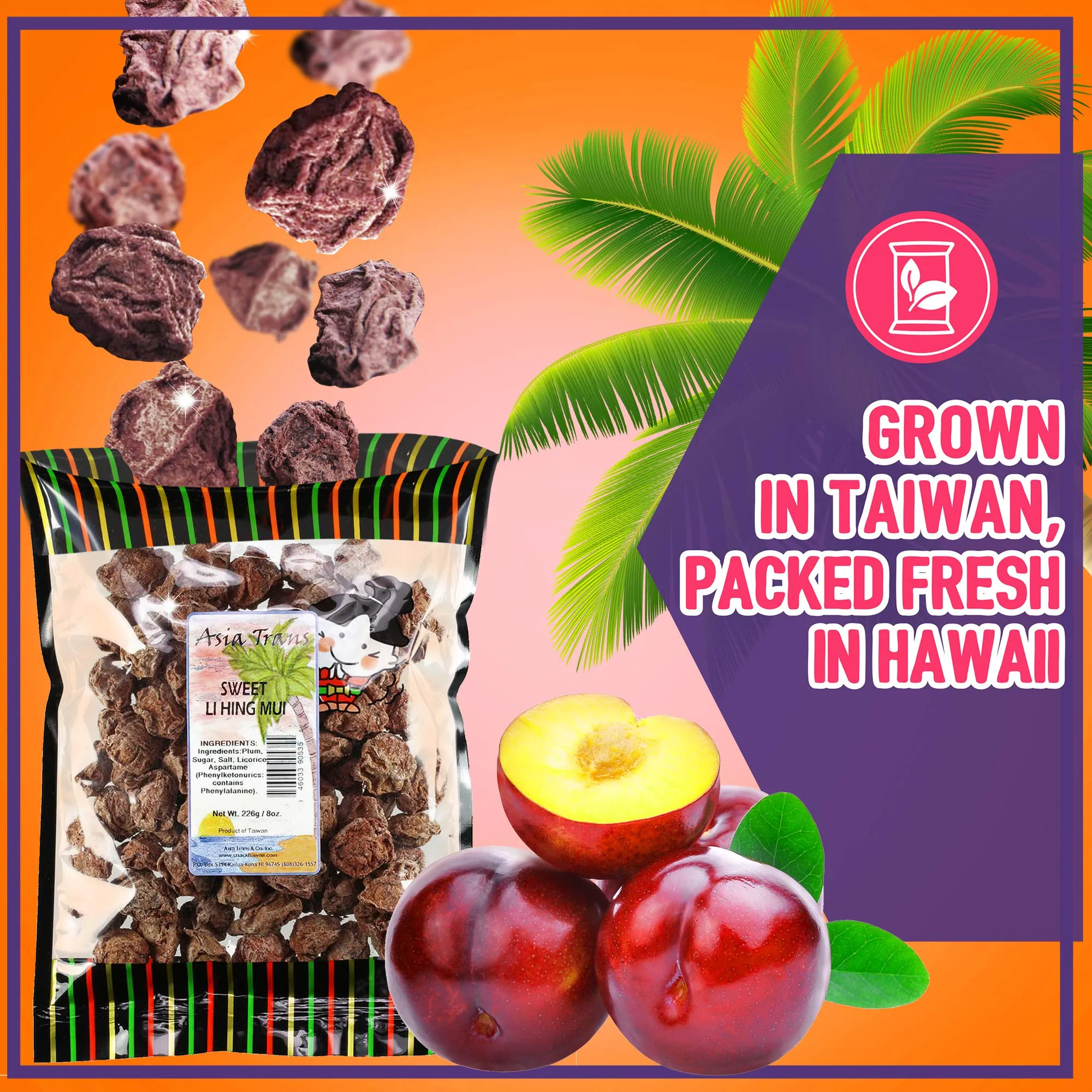 Asia Trans Seeded Red Li Hing Mui Crack Seed Plums - Hawaiian Favorite - Sweet, Sour, & Salty Dried Asian Plum