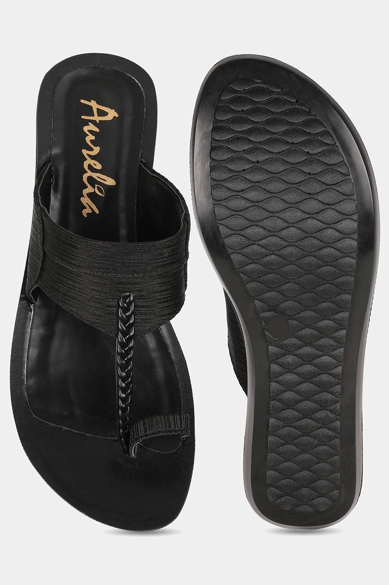 Aurelia Black Textured Almond Toe Flat-Zdarlene