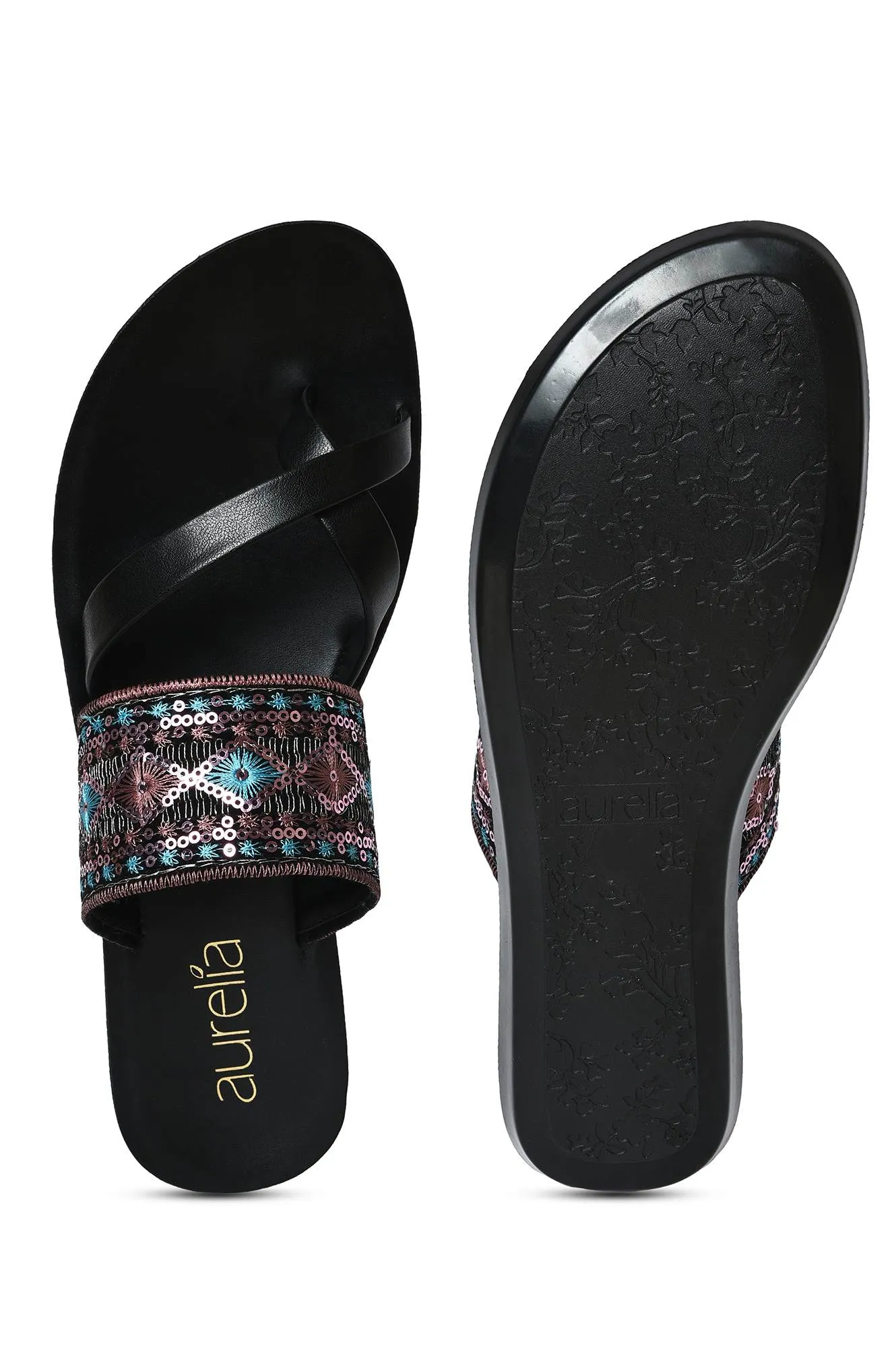 Aurelia Embroidered Black Almond Flat