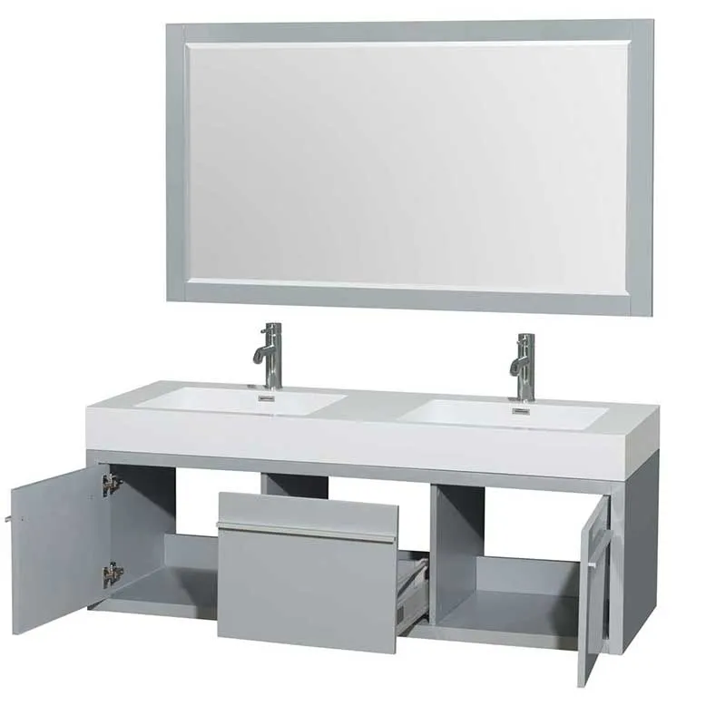Axa 60" Double Bathroom Vanity in Dove Gray, Acrylic Resin Countertop, Integrated Sinks and 58" Mirror
