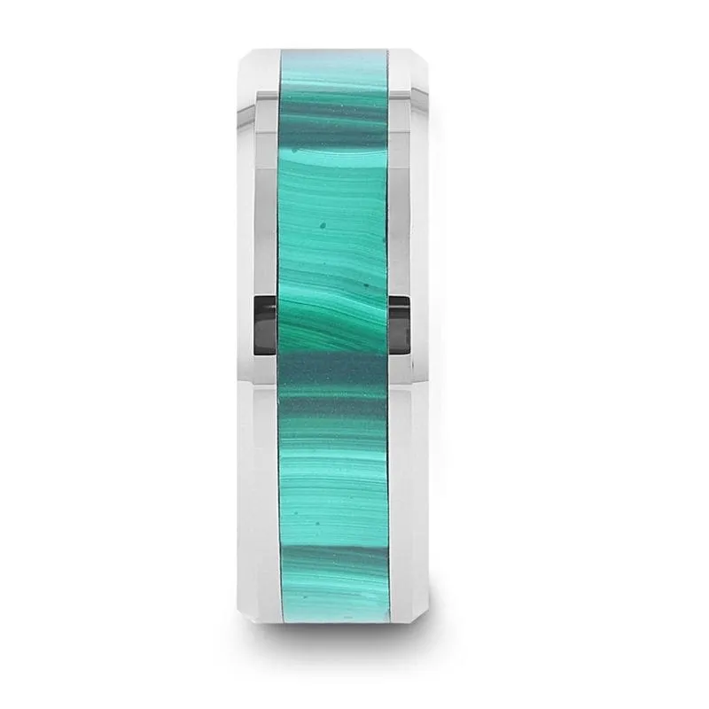 BALBUS Malachite Inlay Tungsten Carbide Ring With Polished Beveled Edges - 8mm