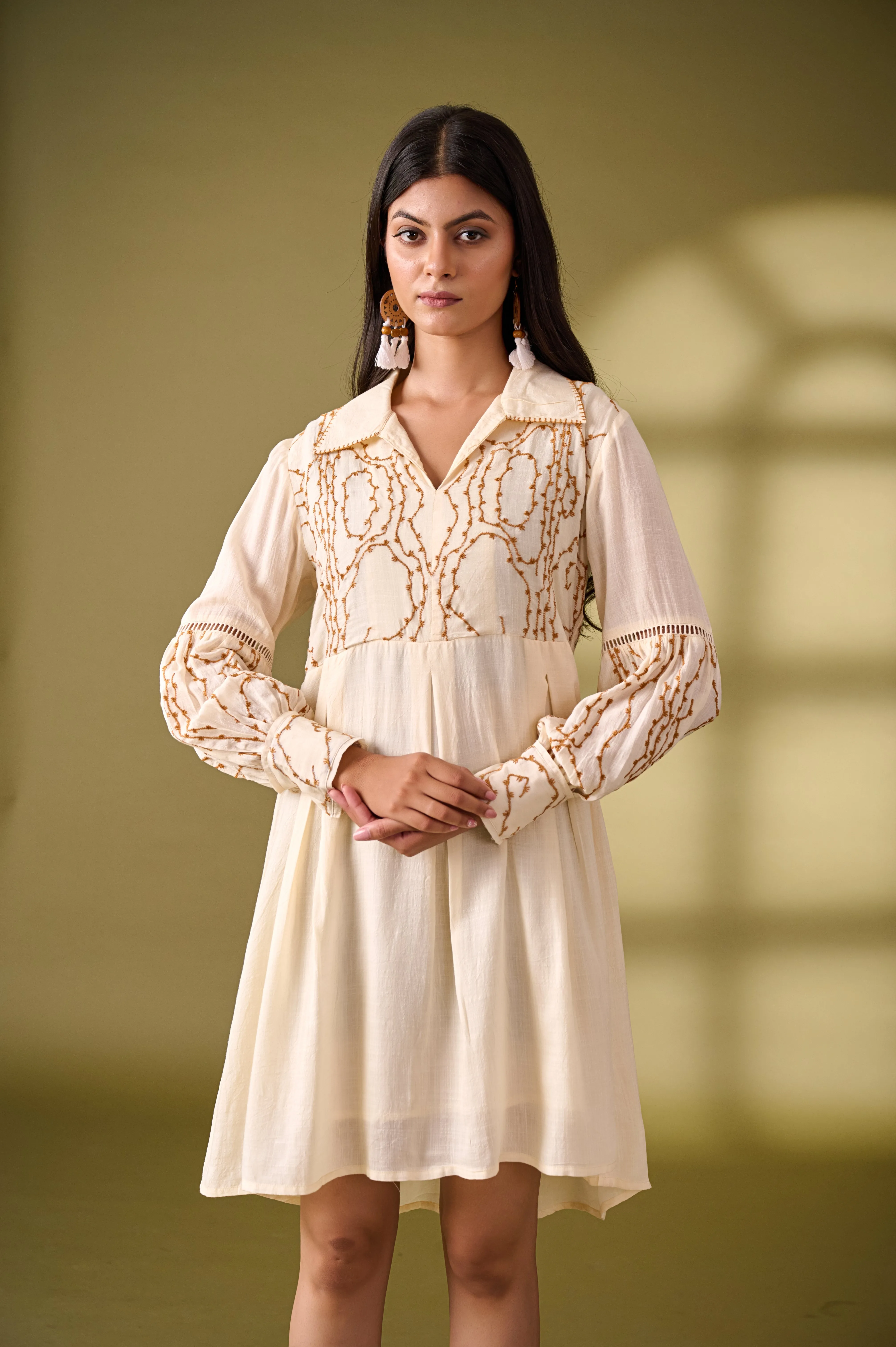 Beige Fit and Flare Cotton Dress