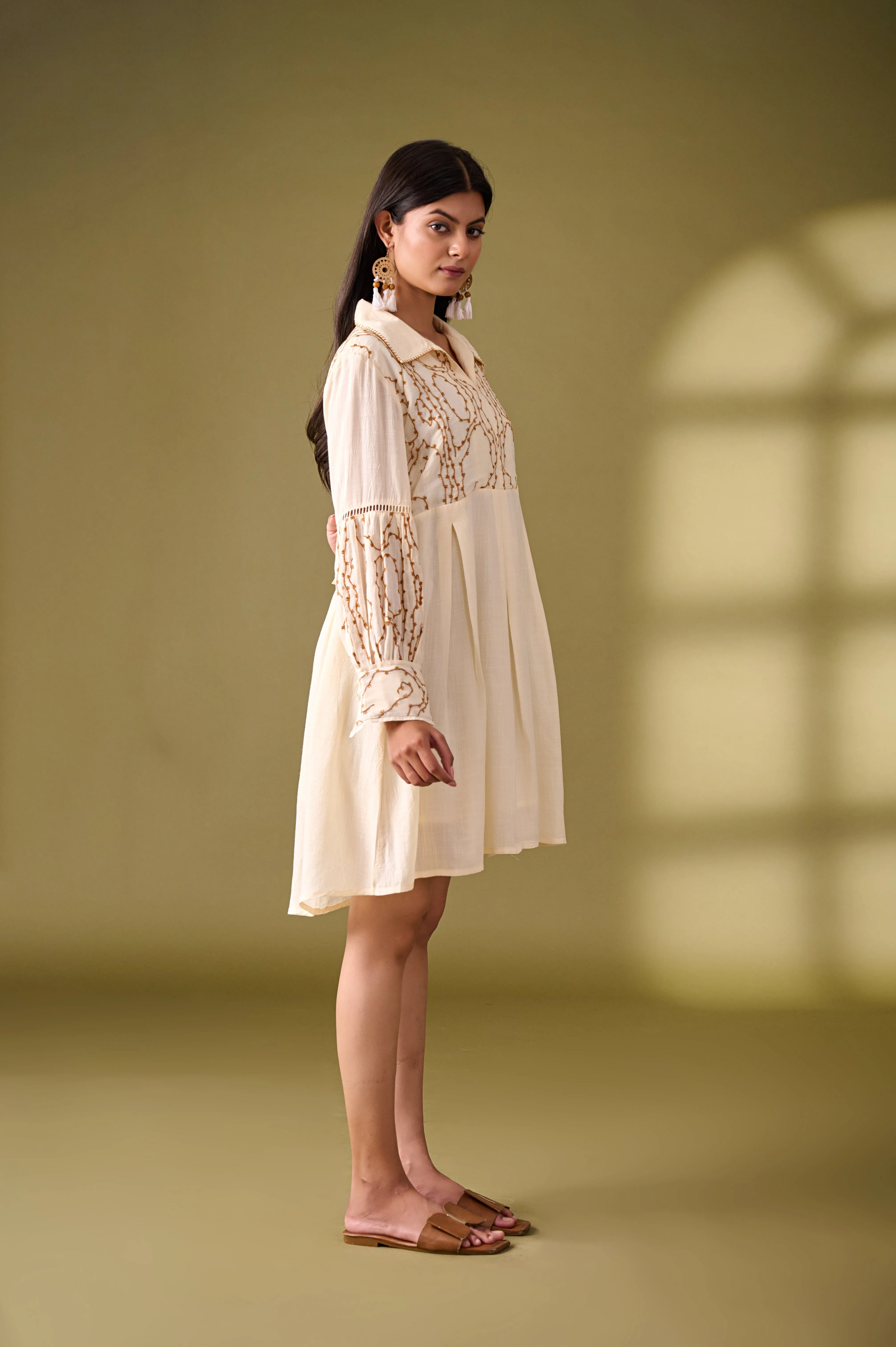 Beige Fit and Flare Cotton Dress
