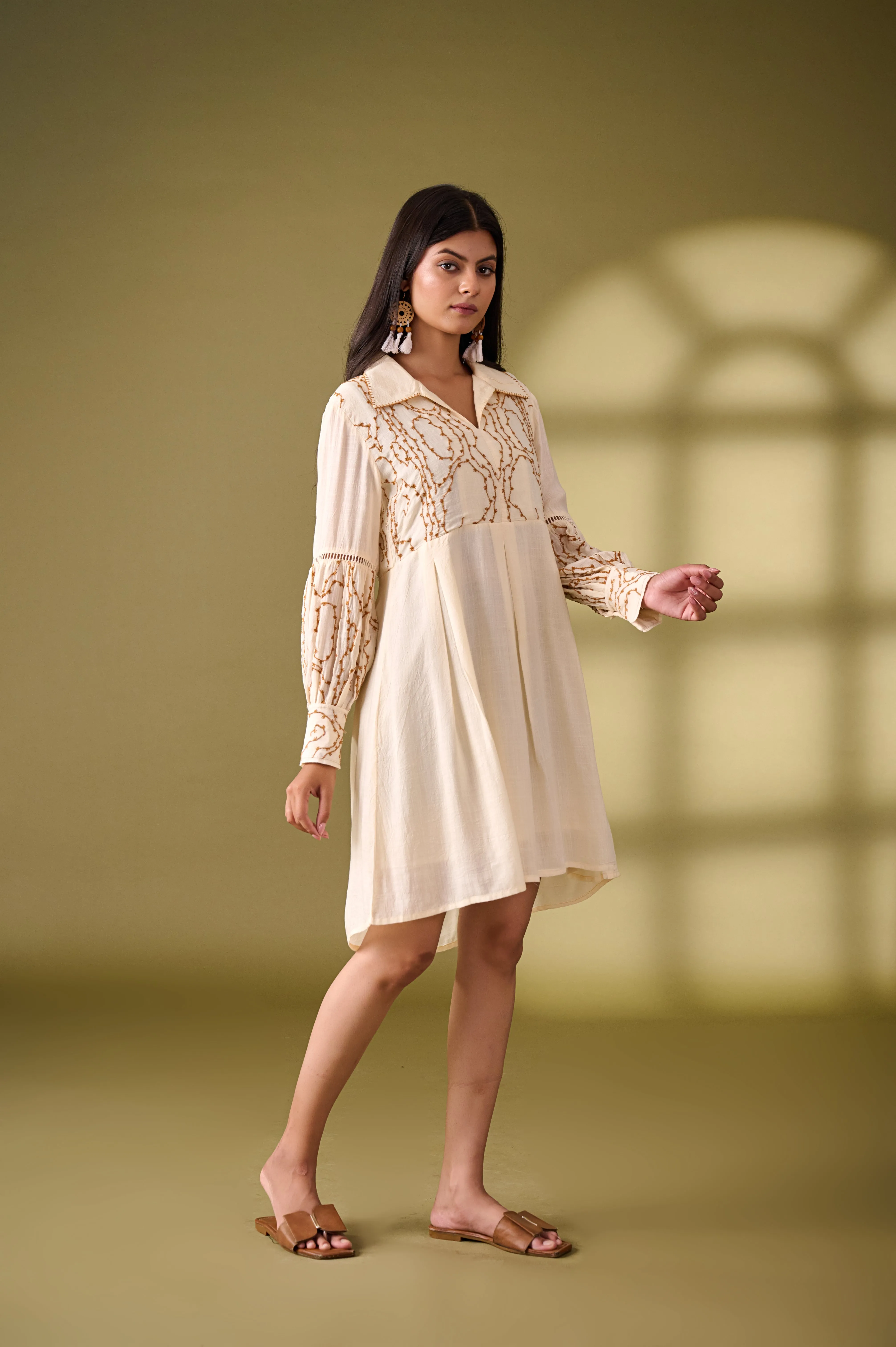 Beige Fit and Flare Cotton Dress
