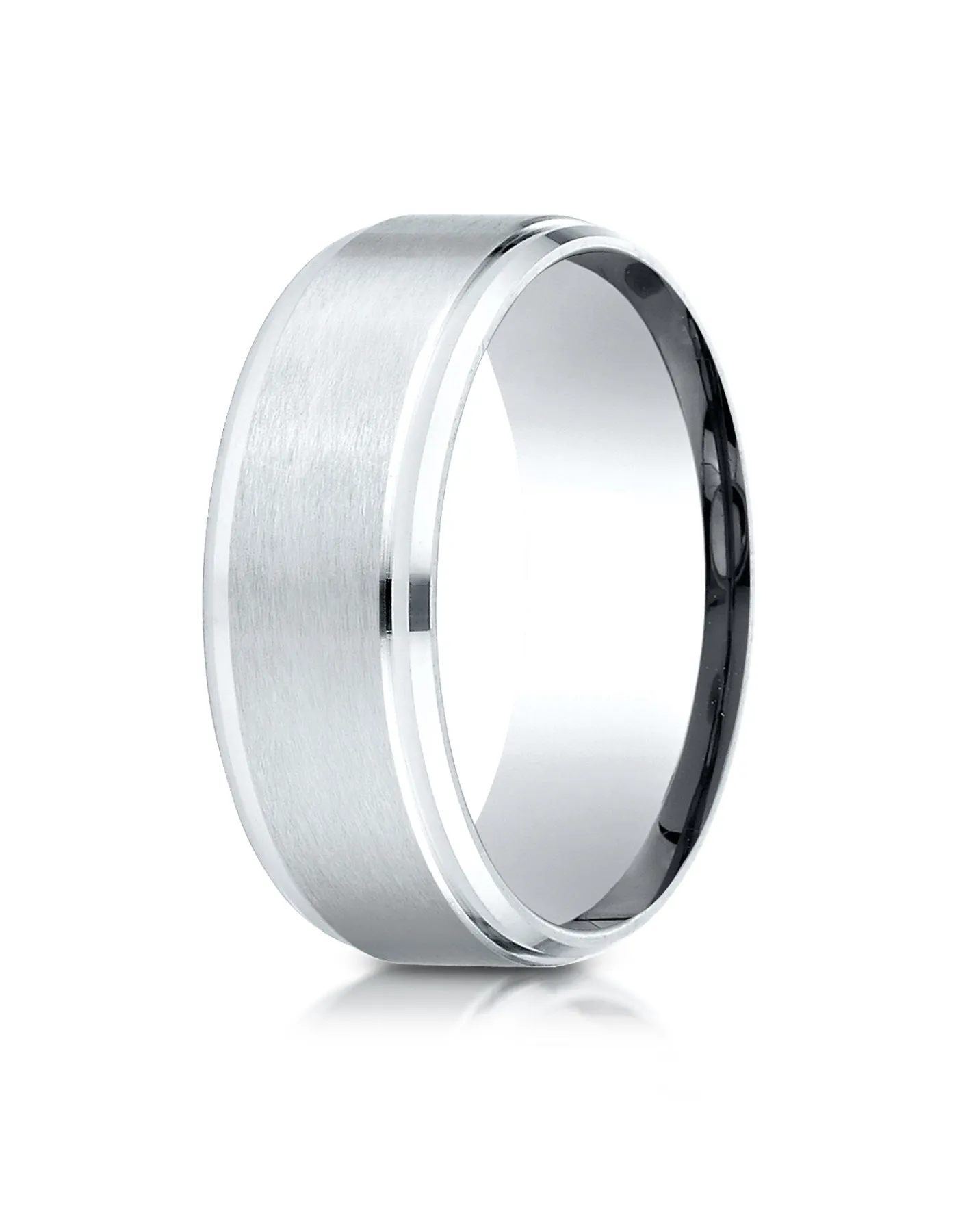 Benchmark 10k White Gold 8mm Comfort-Fit Satin-Finished Drop Beveled Edge Carved Design Band, (4-15)