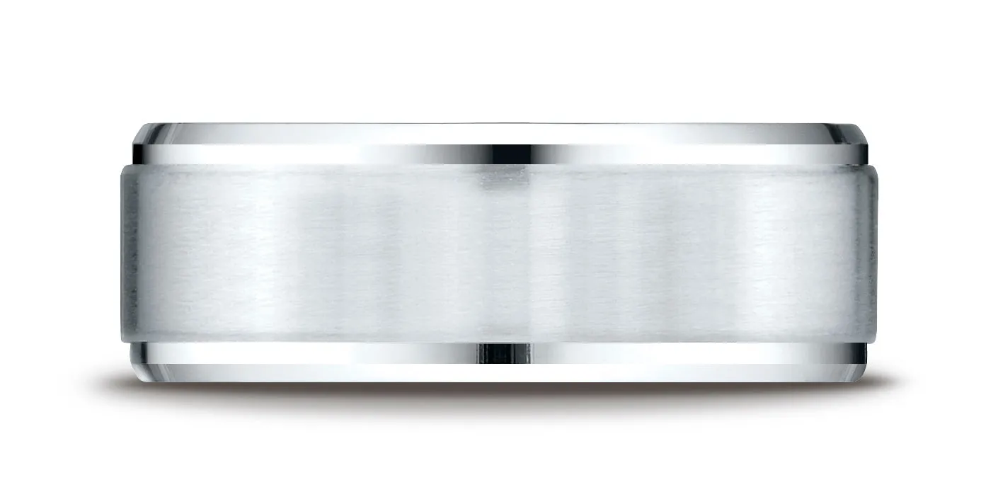 Benchmark 10k White Gold 8mm Comfort-Fit Satin-Finished Drop Beveled Edge Carved Design Band, (4-15)