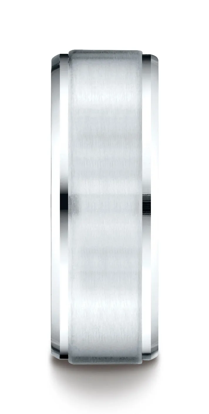 Benchmark 10k White Gold 8mm Comfort-Fit Satin-Finished Drop Beveled Edge Carved Design Band, (4-15)
