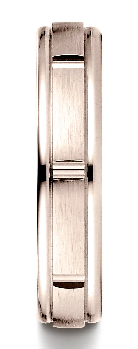 Benchmark 14K Rose Gold 4mm Comfort-Fit Satin-Finish 8 Center Cuts and Round Edge Carved Design Ring