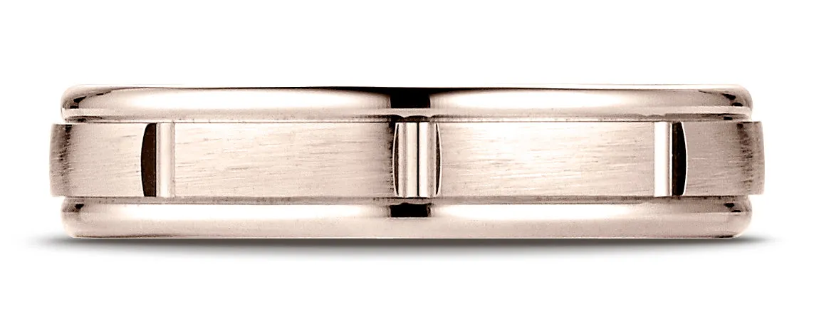 Benchmark 14K Rose Gold 4mm Comfort-Fit Satin-Finish 8 Center Cuts and Round Edge Carved Design Ring
