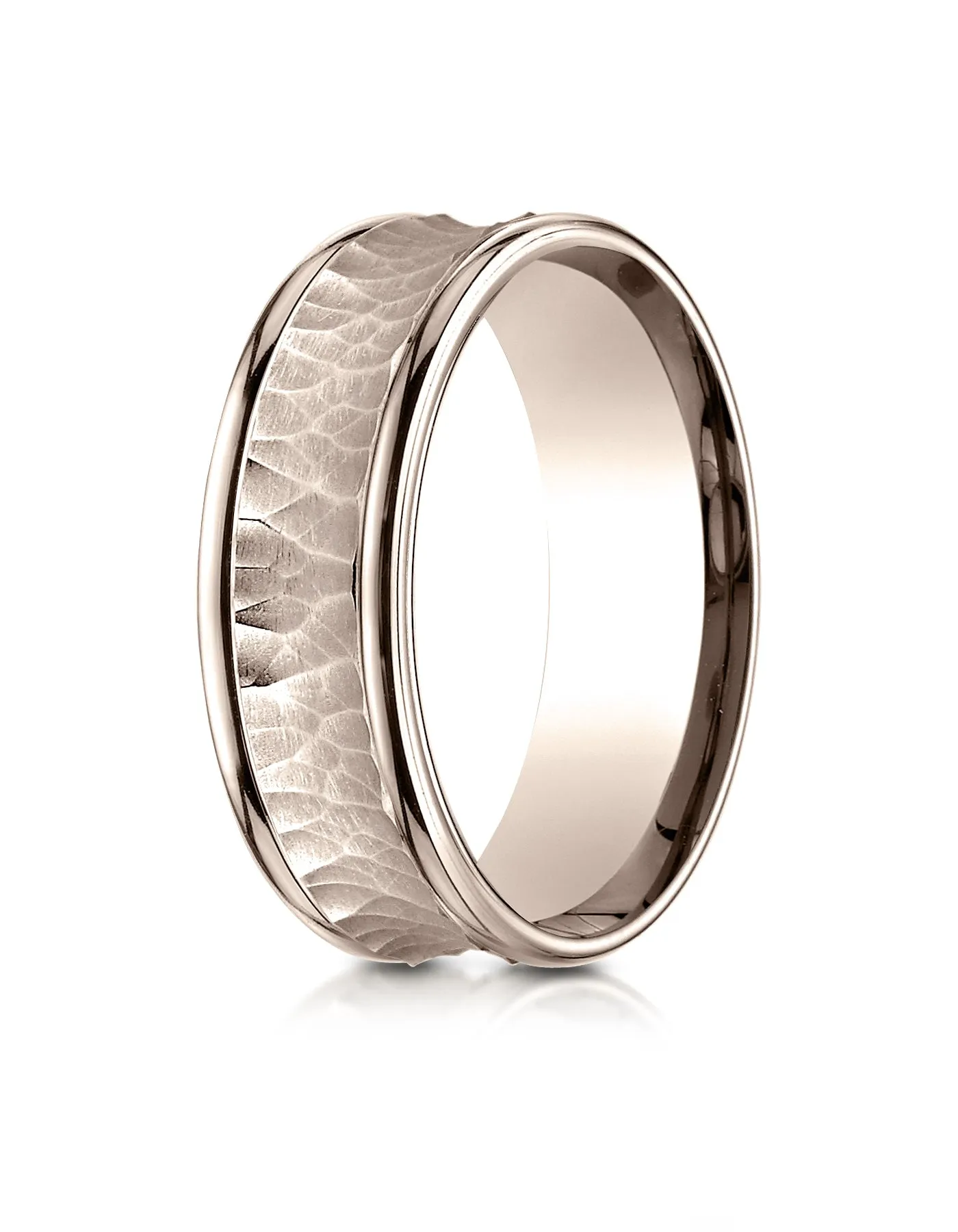 Benchmark 14K Rose Gold 7.5mm Comfort-Fit Hammered Finish Concave Center Design Wedding Band Ring