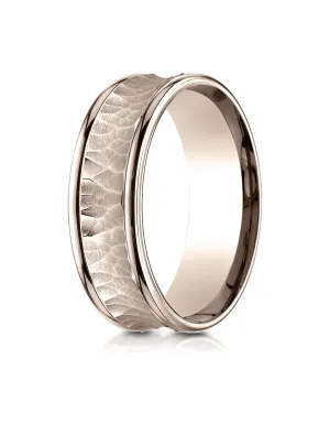 Benchmark 14K Rose Gold 7.5mm Comfort-Fit Hammered Finish Concave Center Design Wedding Band Ring