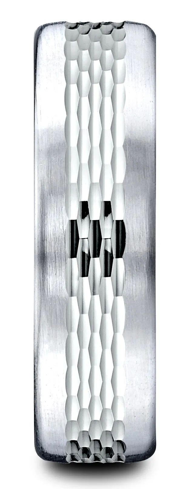 Benchmark 14k White Gold 6.5mm Comfort-Fit Mesh Center Satin Finish Edge Design Band, (Sizes 4-14)