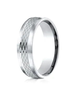 Benchmark 14k White Gold 6.5mm Comfort-Fit Mesh Center Satin Finish Edge Design Band, (Sizes 4-14)