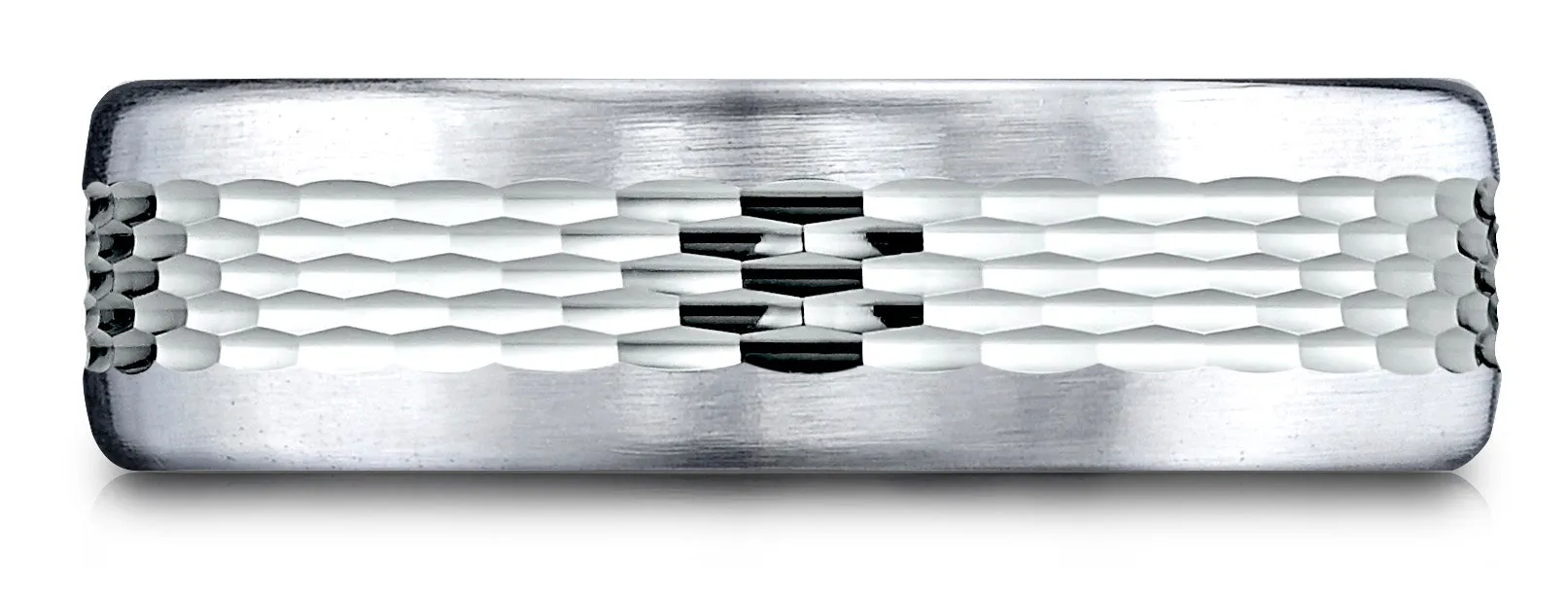 Benchmark 14k White Gold 6.5mm Comfort-Fit Mesh Center Satin Finish Edge Design Band, (Sizes 4-14)