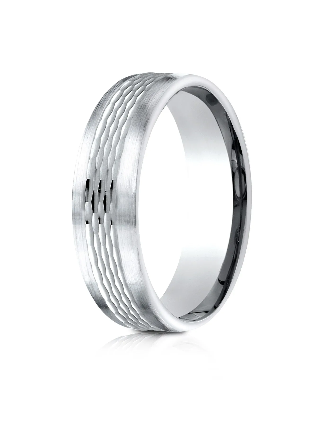 Benchmark 14k White Gold 6.5mm Comfort-Fit Mesh Center Satin Finish Edge Design Band, (Sizes 4-14)