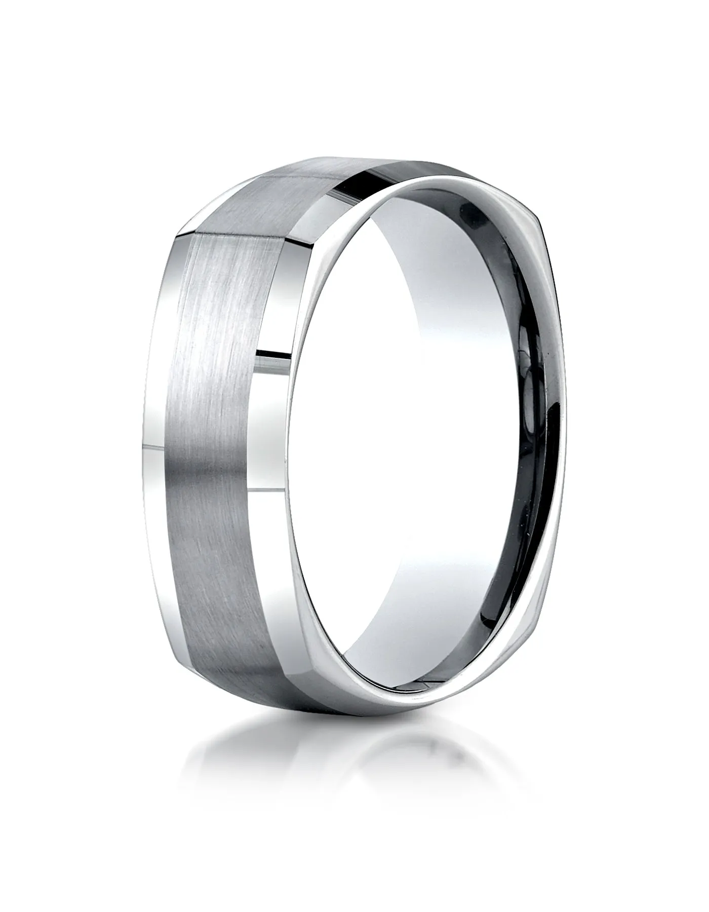 Benchmark 14K White Gold 7mm Comfort-Fit Satin-Finished Four-Sided Carved Design Wedding Band Ring