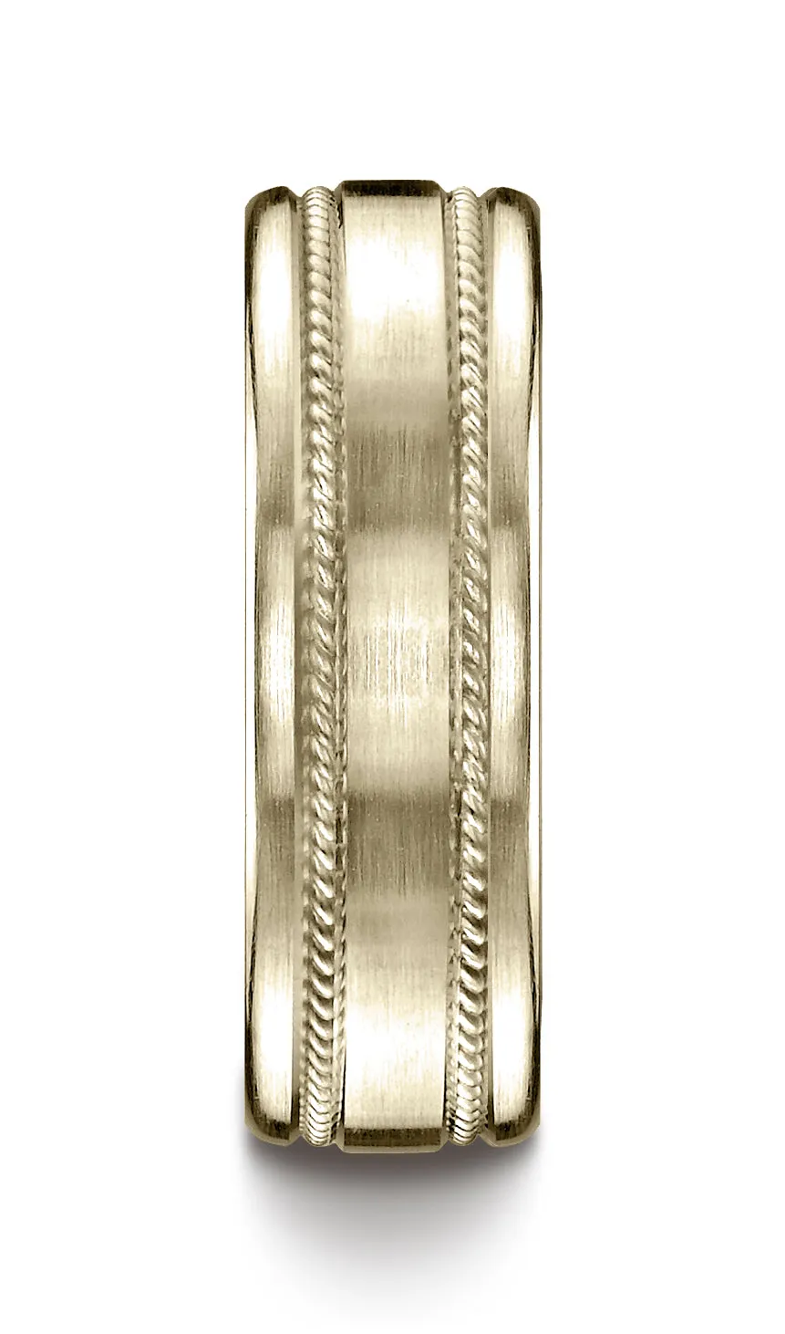 Benchmark 14K Yellow Gold 7.5mm Comfort-Fit Satin-Finished Rope Carved Design Wedding Band Ring