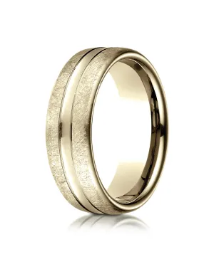 Benchmark 14K Yellow Gold 7.5mm Comfort-Fit Swirled Finish Center Convex Cut Design Wedding Band Ring