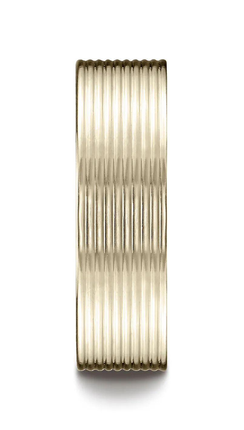 Benchmark 14K Yellow Gold 7mm Comfort-Fit Satin-Finished w/  Threaded Pattern Carved Design Wedding Band