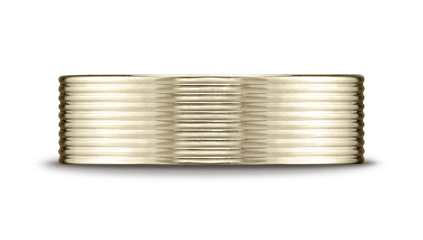 Benchmark 14K Yellow Gold 7mm Comfort-Fit Satin-Finished w/  Threaded Pattern Carved Design Wedding Band