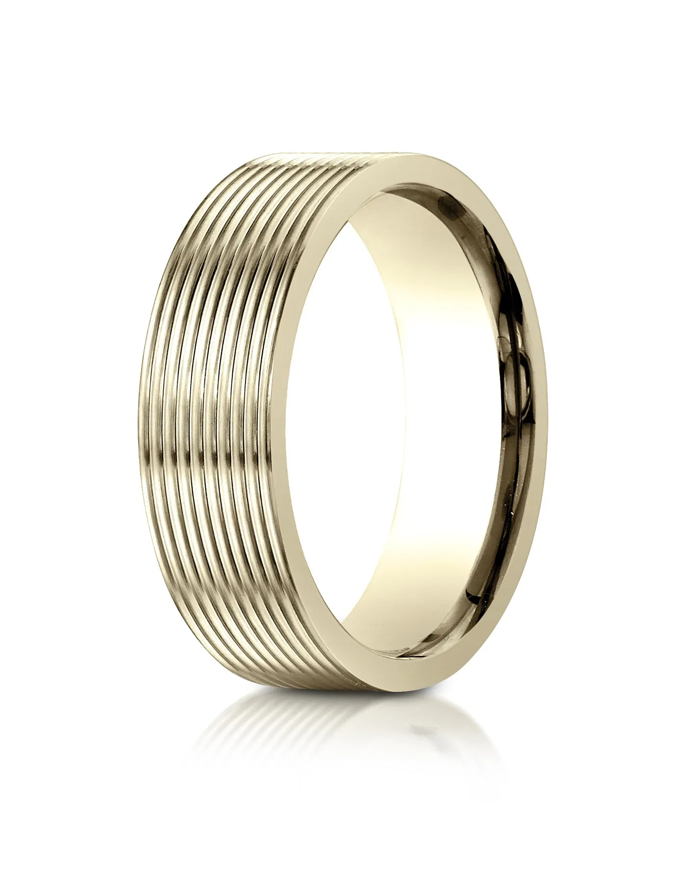 Benchmark 14K Yellow Gold 7mm Comfort-Fit Satin-Finished w/  Threaded Pattern Carved Design Wedding Band