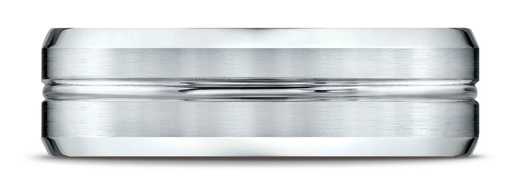 Benchmark 18k White Gold 7mm Comfort-Fit Satin-Finish with High Polished Cut Carved Design Band, (4-15)