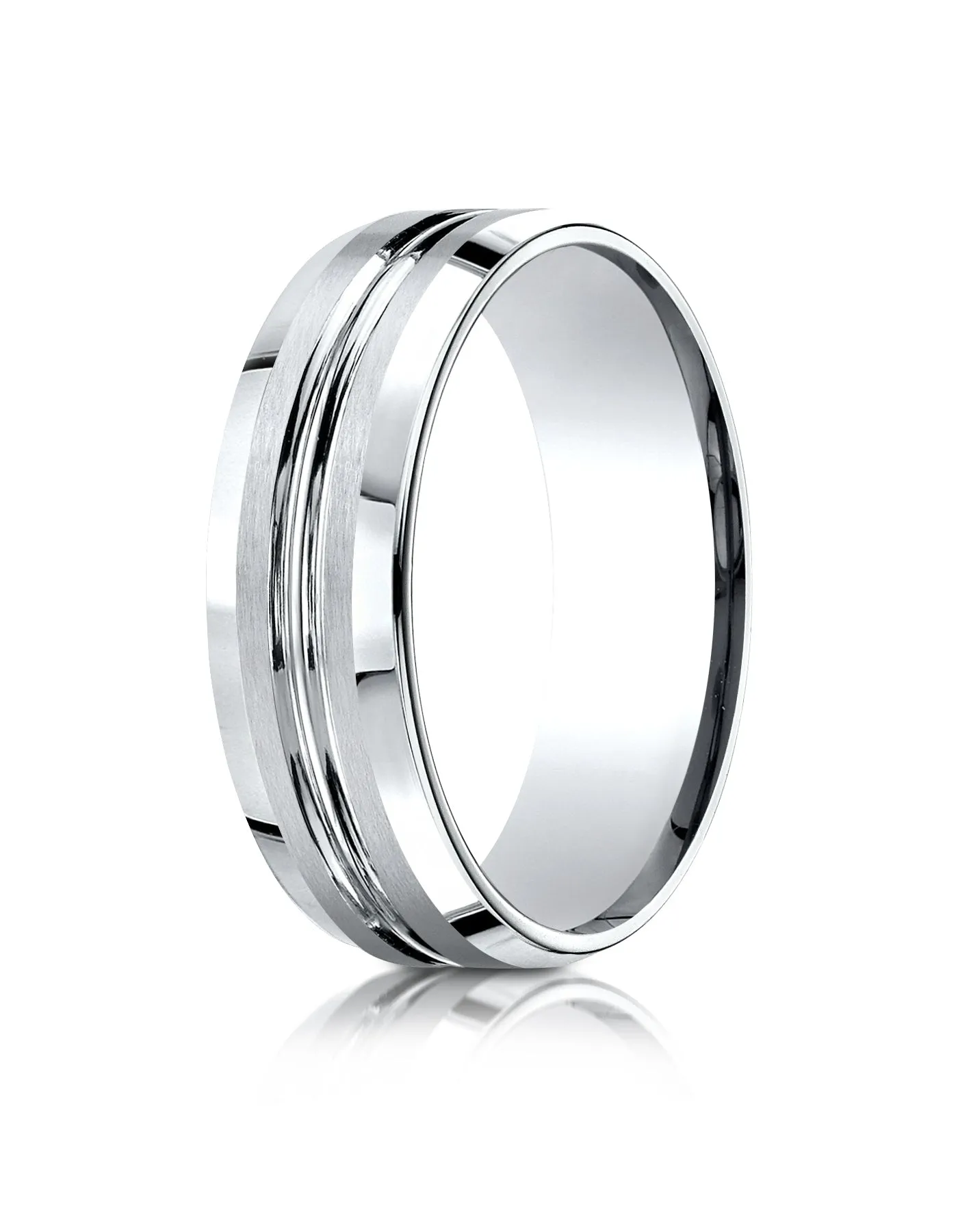 Benchmark 18k White Gold 7mm Comfort-Fit Satin-Finish with High Polished Cut Carved Design Band, (4-15)