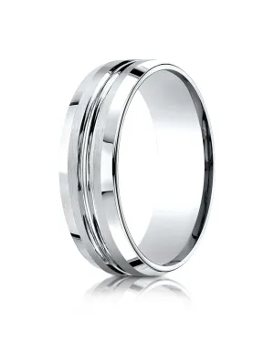 Benchmark 18k White Gold 7mm Comfort-Fit Satin-Finish with High Polished Cut Carved Design Band, (4-15)