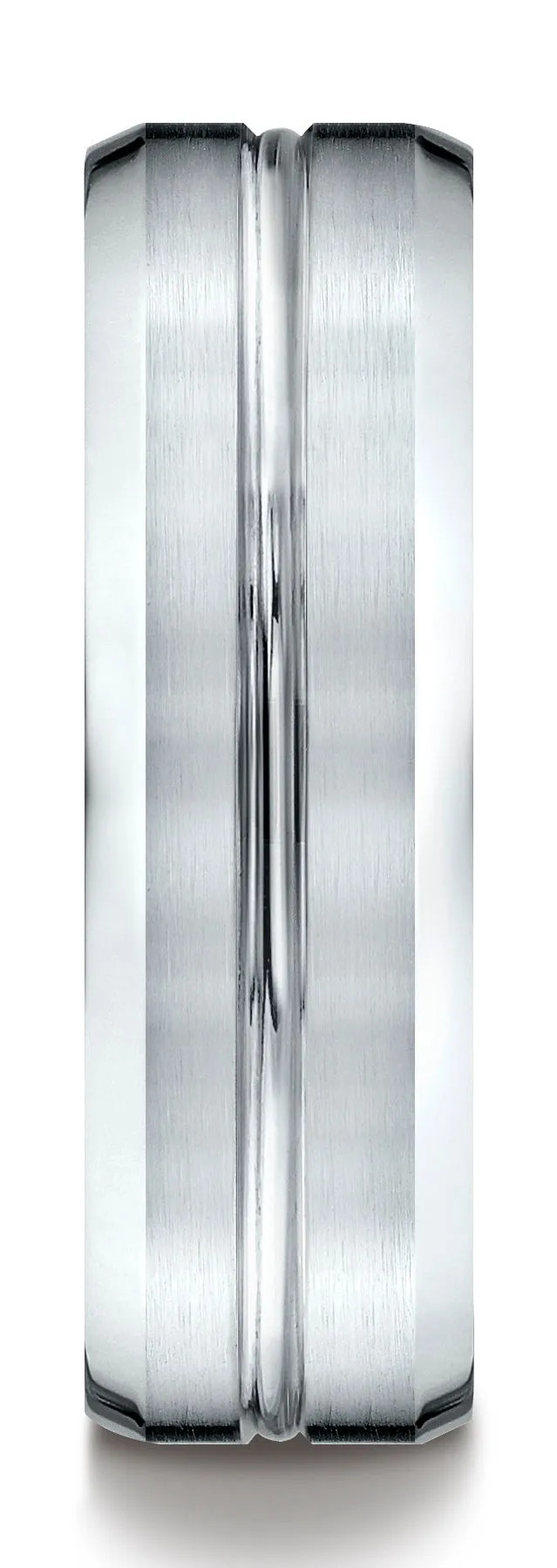Benchmark 18k White Gold 7mm Comfort-Fit Satin-Finish with High Polished Cut Carved Design Band, (4-15)
