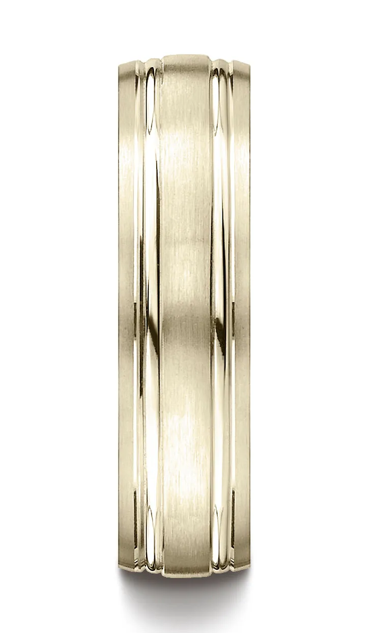 Benchmark 18K Yellow Gold 6mm Comfort-Fit Satin-Finished w/  Parallel Grooves Carved Design Wedding Band