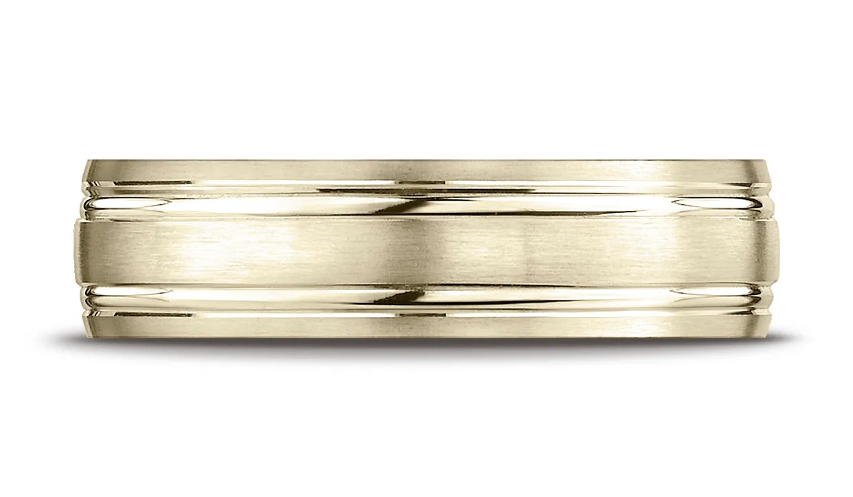 Benchmark 18K Yellow Gold 6mm Comfort-Fit Satin-Finished w/  Parallel Grooves Carved Design Wedding Band