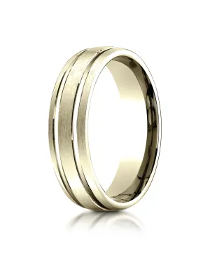 Benchmark 18K Yellow Gold 6mm Comfort-Fit Satin-Finished w/  Parallel Grooves Carved Design Wedding Band