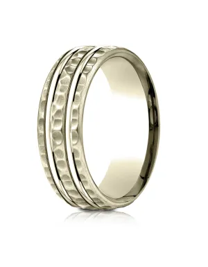 Benchmark 18k Yellow Gold 7.5mm Comfort-Fit Hammered Finish Double High Polish Cut Design Band,(Size 4-14)