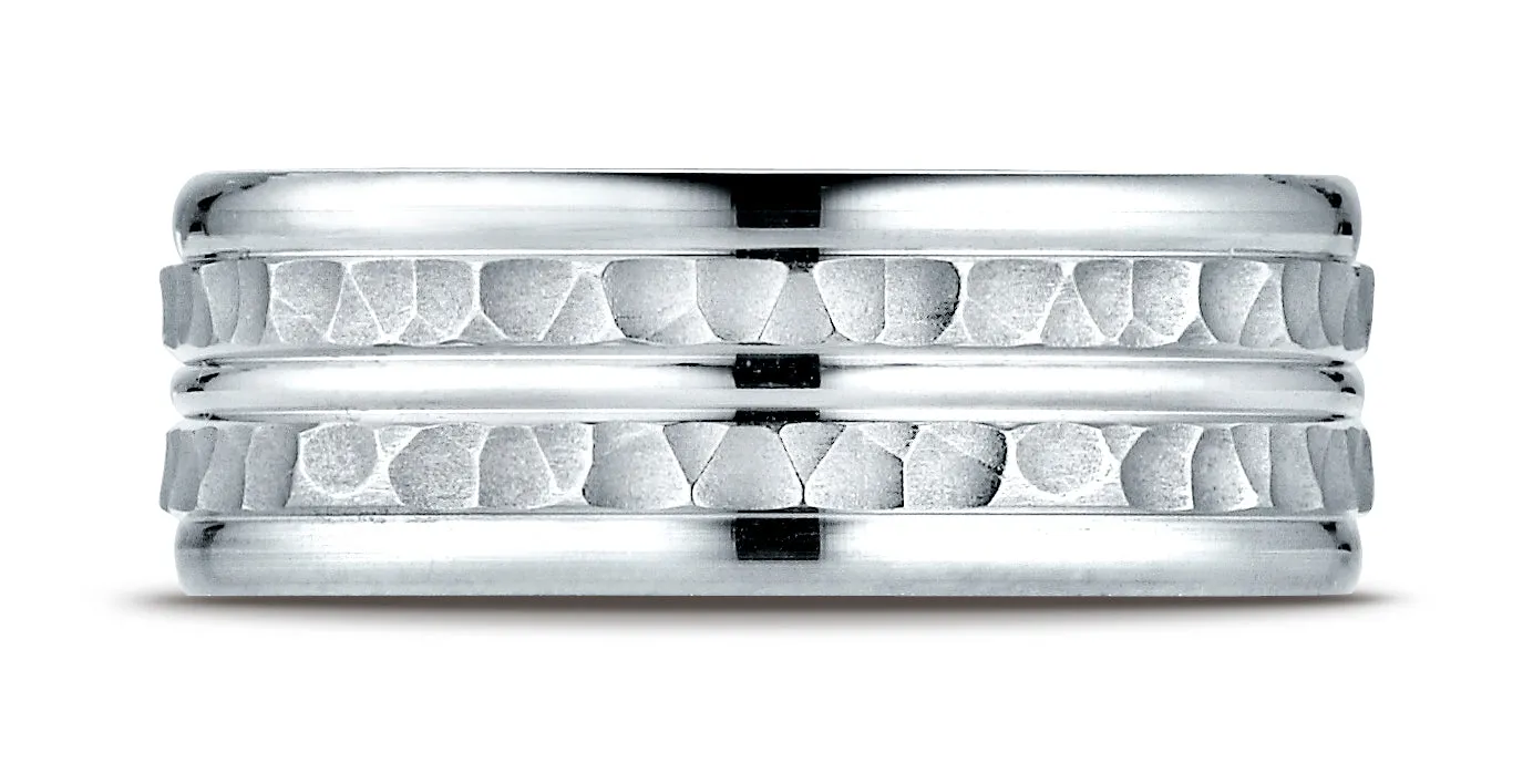 Benchmark Palladium 8mm Comfort-Fit Hammer-Finished High Polished Center Trim and Round Edge Band