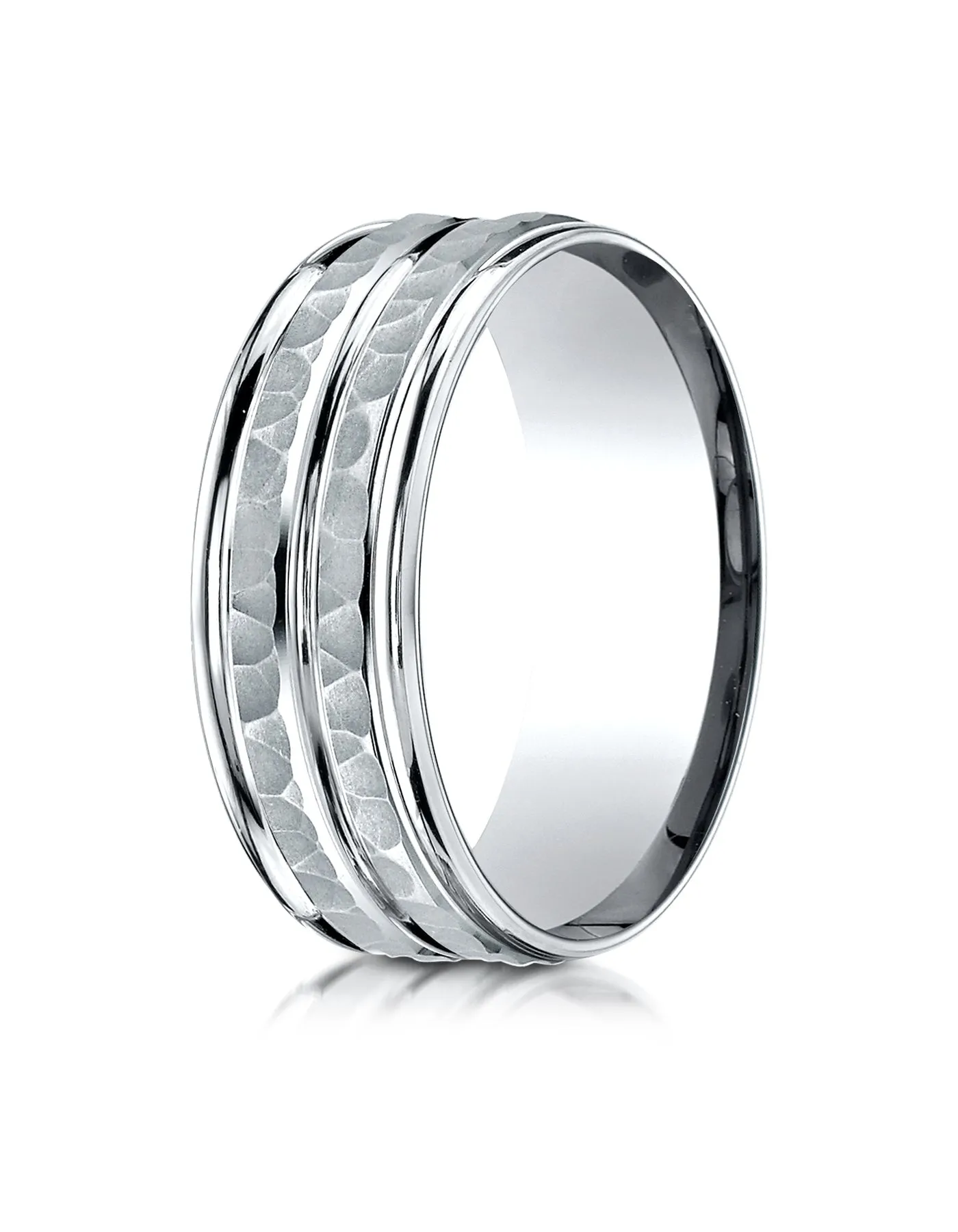 Benchmark Palladium 8mm Comfort-Fit Hammer-Finished High Polished Center Trim and Round Edge Band
